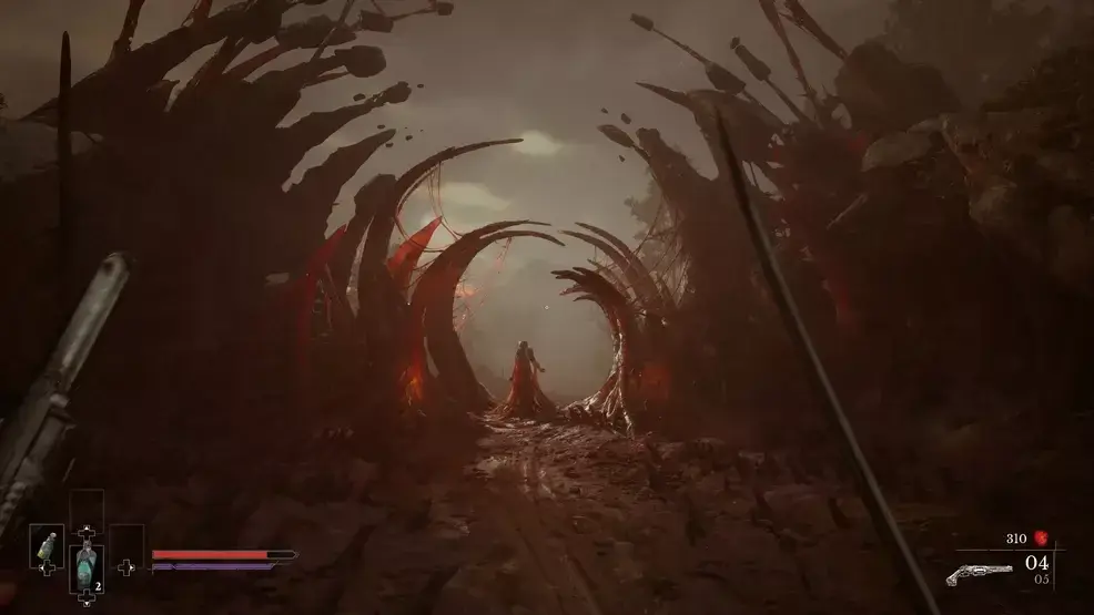 William approaching an arch formed by red plague growths