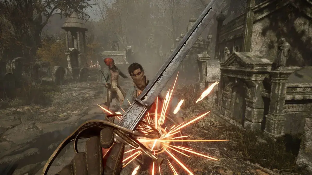 First-person Valor Mortis sword clash producing a bright burst of impact sparks