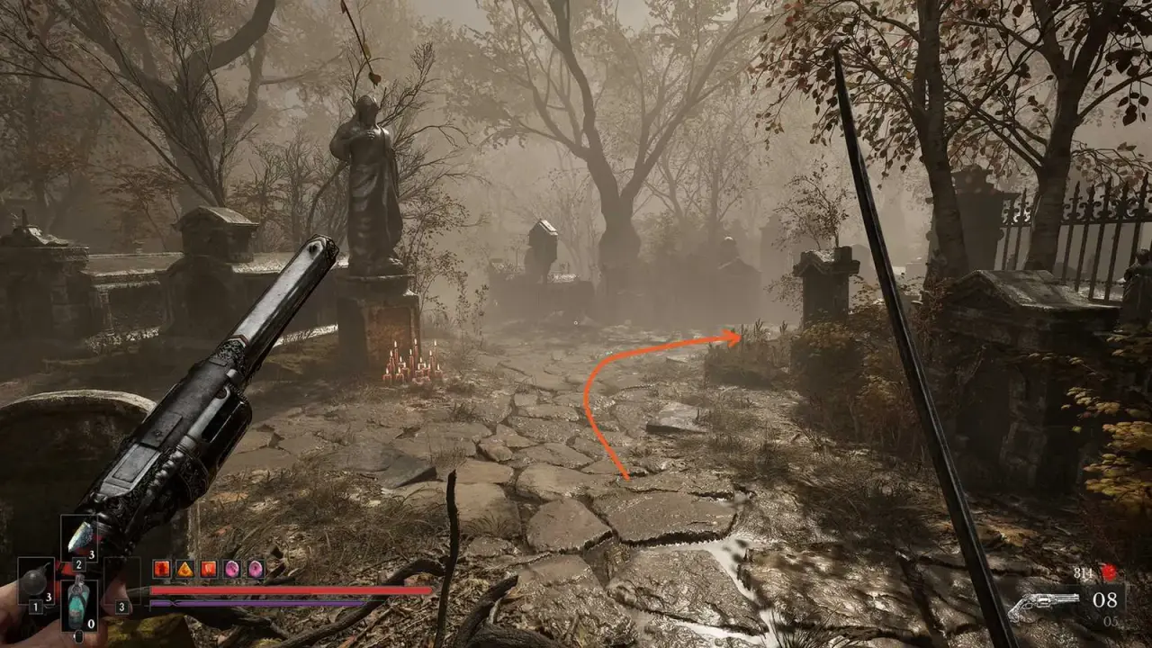 Fallen Village dirt path between bare trees and ruined buildings; clear regional context, with a small red route arrow.