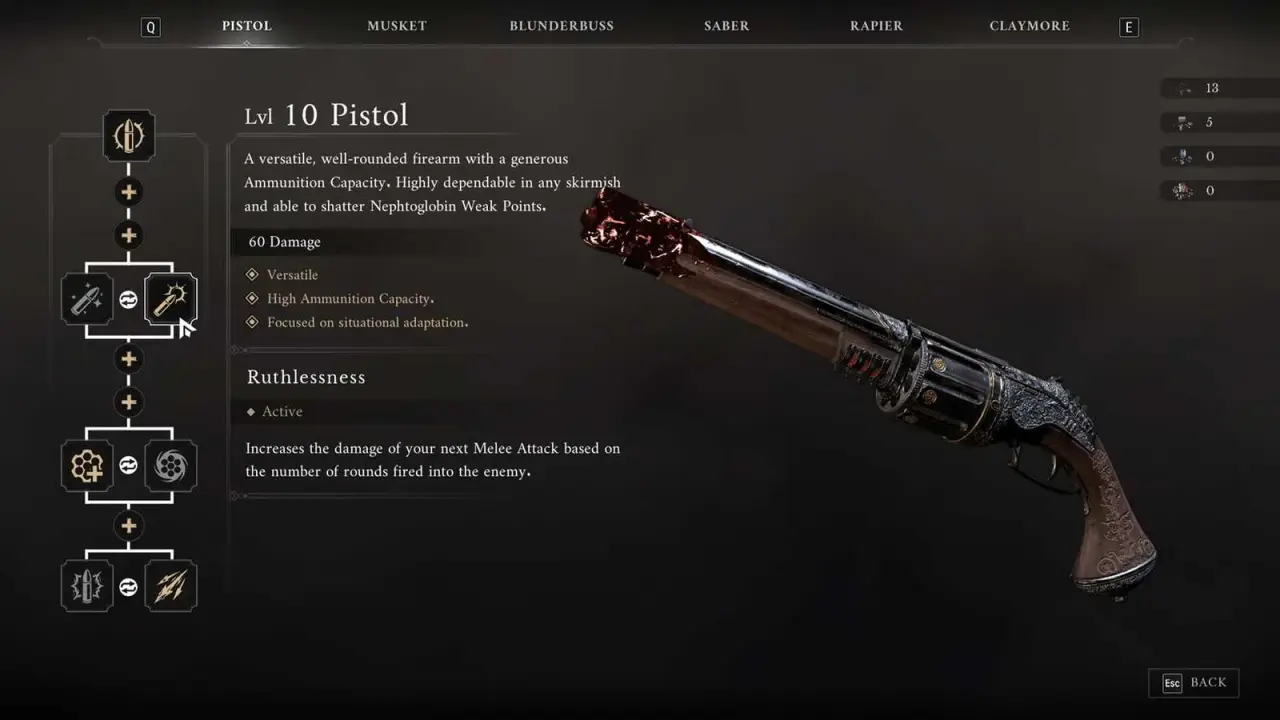 Valor Mortis Pistol upgrade screen showing the Ruthlessness upgrade