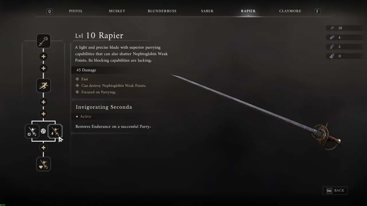 Valor Mortis Rapier upgrade screen describing parrying and limited blocking