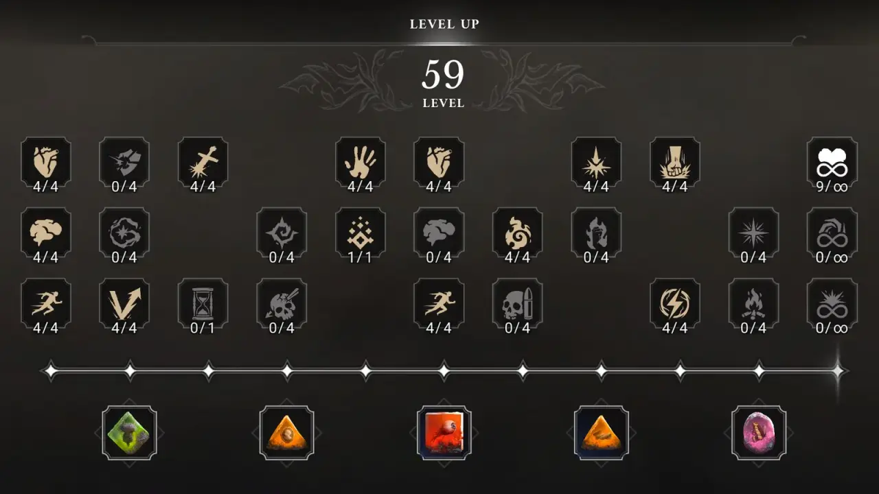 Valor Mortis level-up skill tree with endurance, melee, and defensive nodes visible