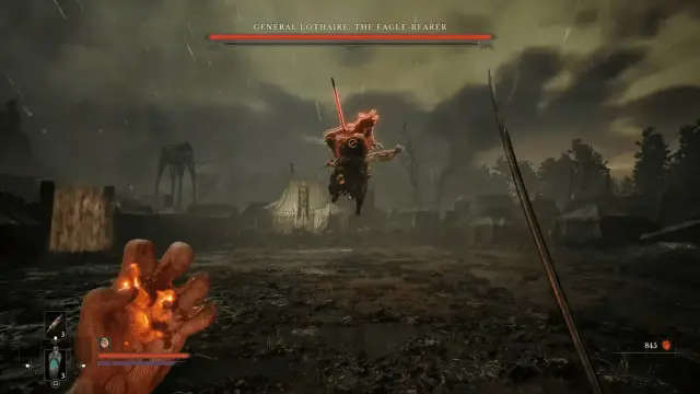 General Lothaire leaps toward William; Fire hand and Saber frame the encounter.
