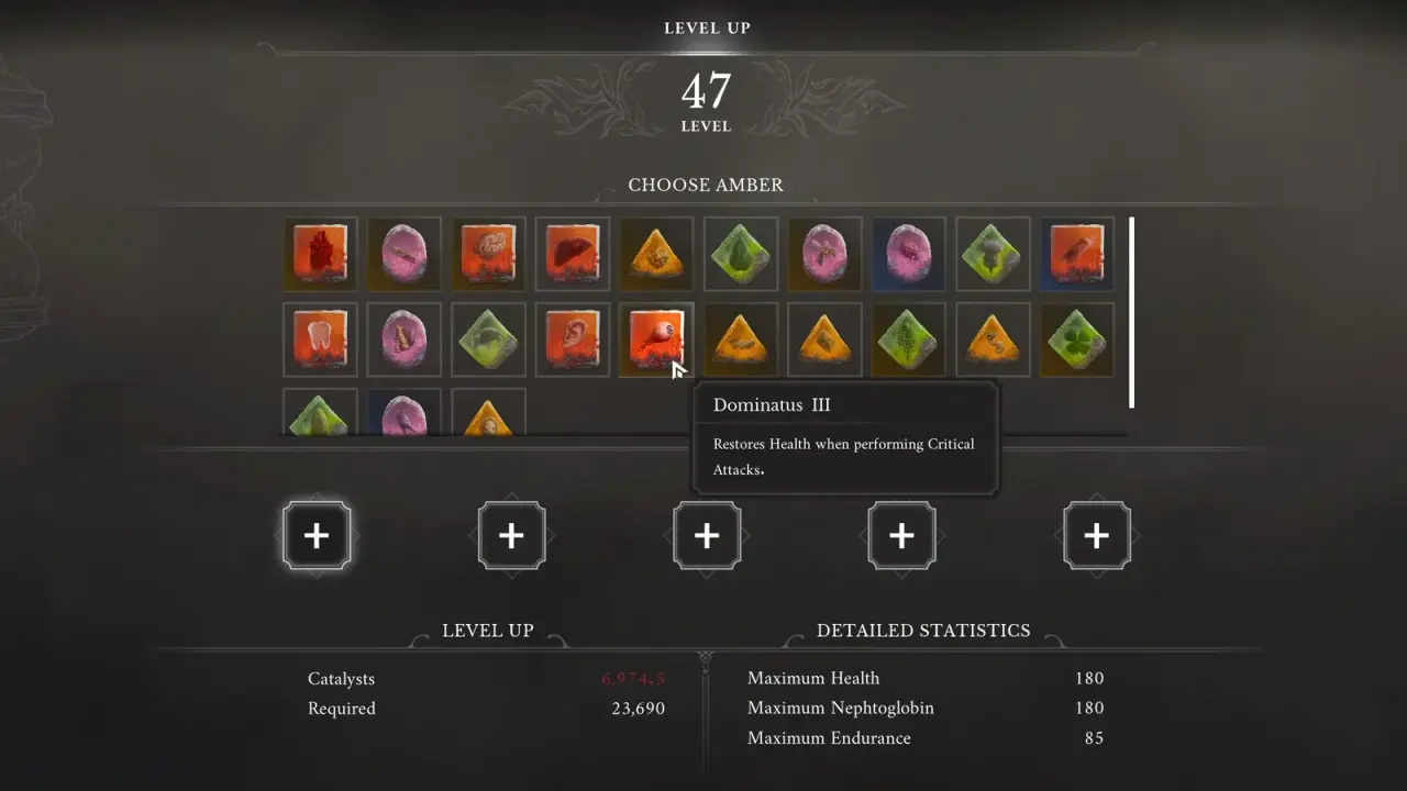 Lantern Choose Amber menu showing equipped slots and passive Amber effects