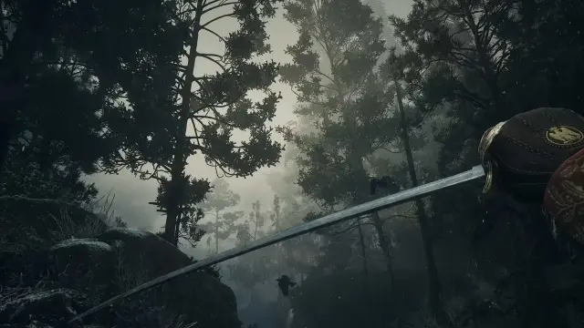 A clean first-person view of the Saber held across a misty forest.