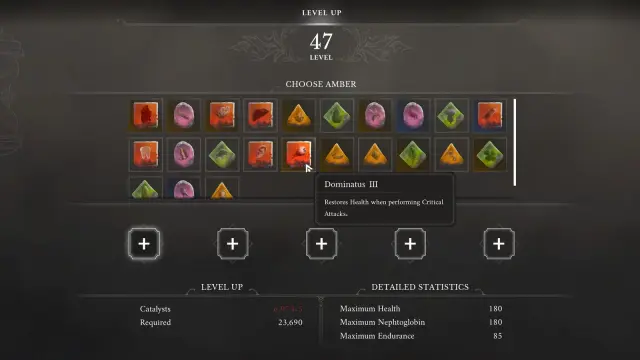 Amber selection menu with a grid of coloured gems; exact subject, organized layout, but more UI than the other card cand