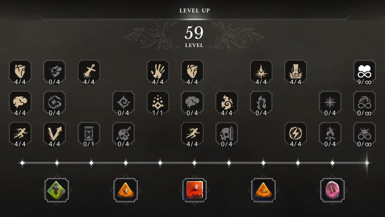 The level-up screen presents skill icons and Amber slots on a dark background.