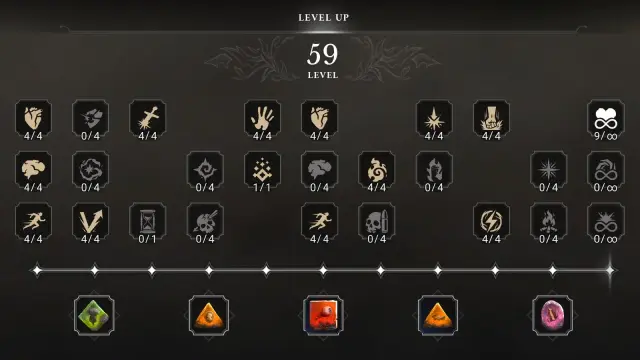 The level-up screen presents skill icons and Amber slots on a dark background.