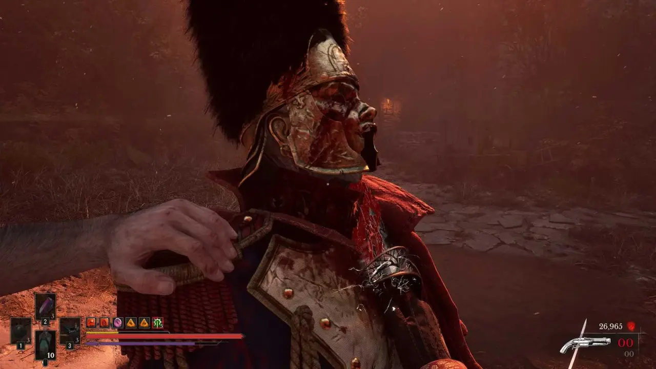 William performing a close-range critical attack on a masked enemy