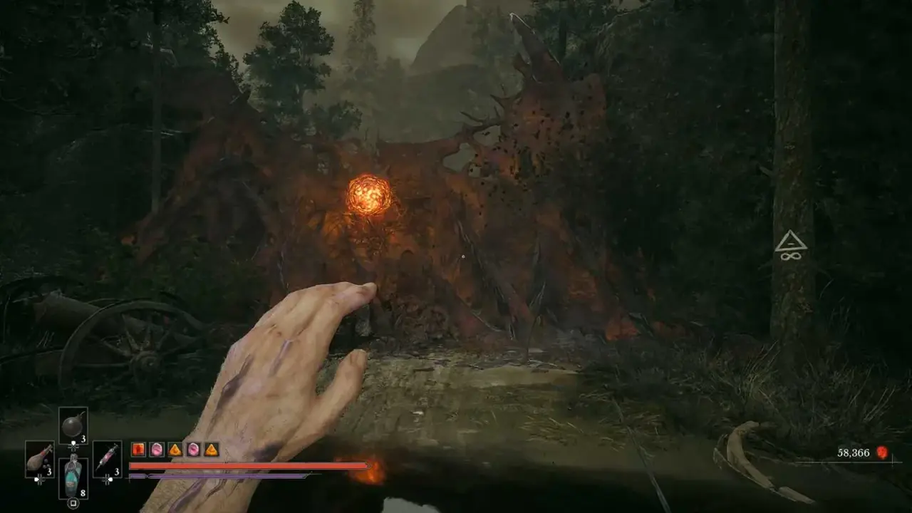 Glowing orange weak point along the wooded route toward the Battlefield guard