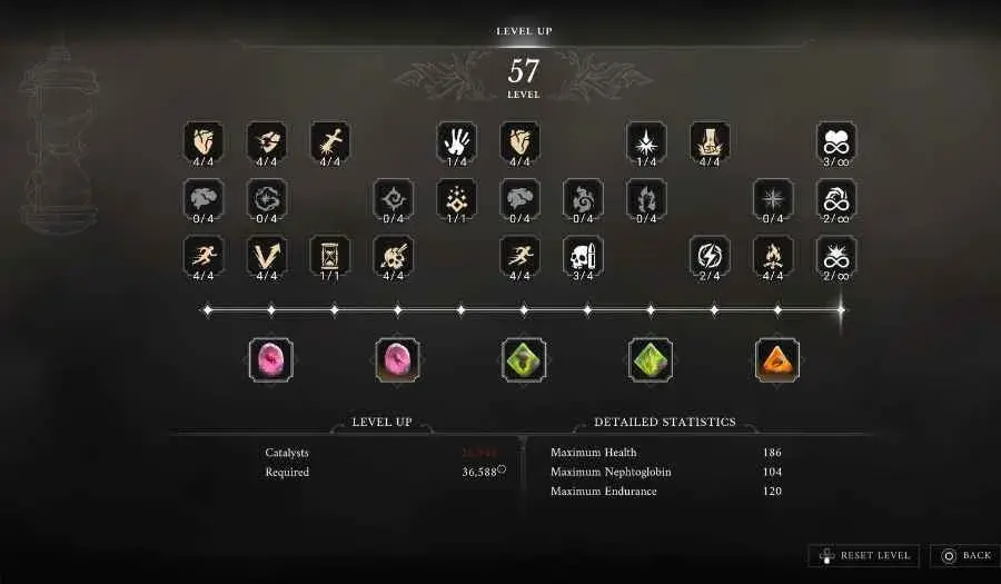 Valor Mortis later-game level-up screen with expanded skill nodes and detailed stats