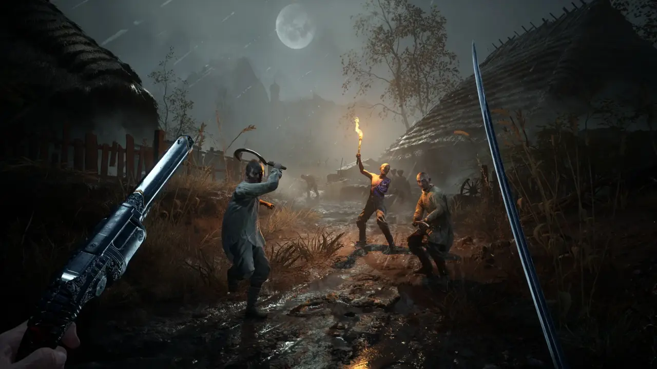 Sword and firearm view of plague-stricken villagers under a full moon