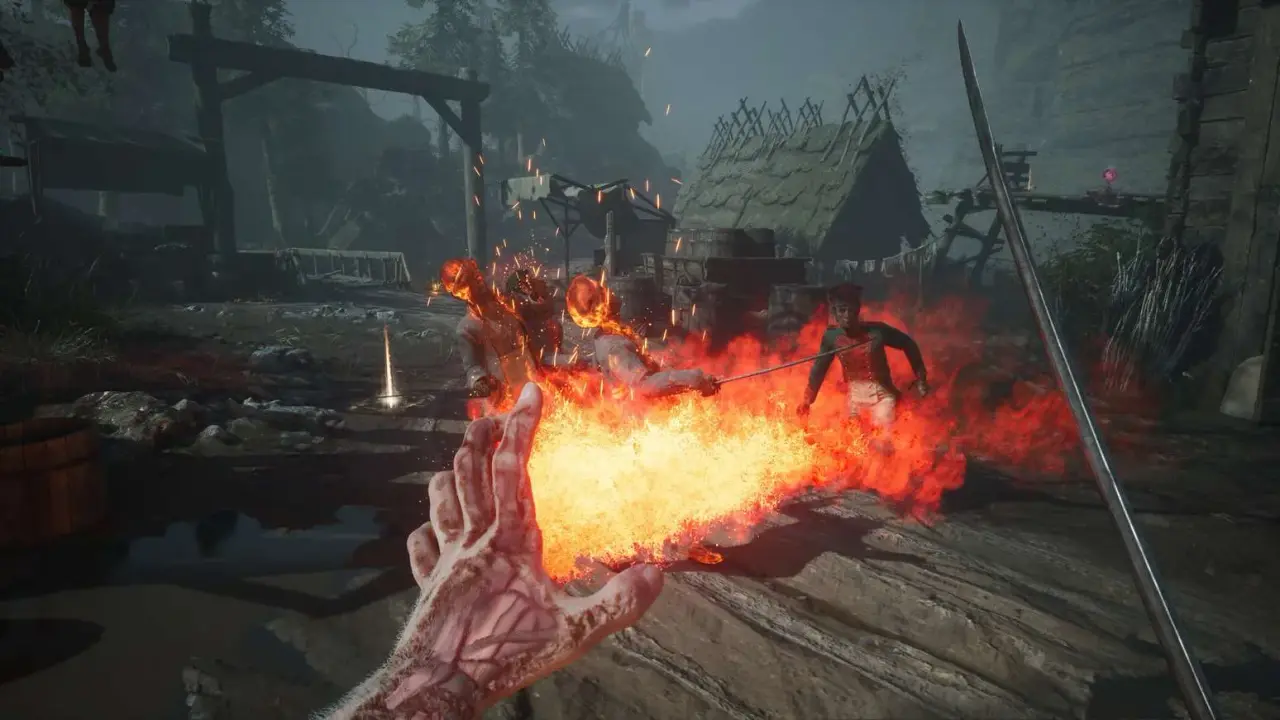 William projects Fire Transmutation from his left hand while holding a sword in close combat
