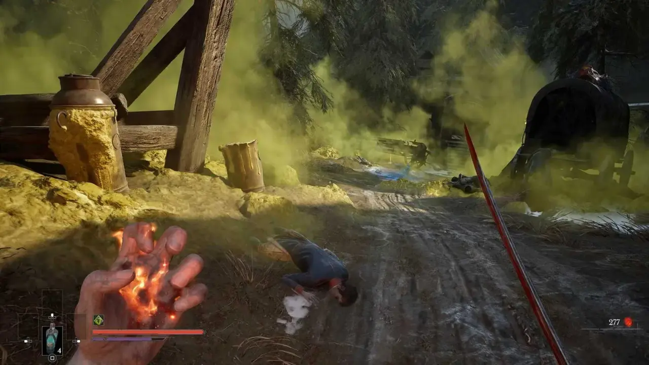 Green poison fog covering the camp route beside the abandoned carriage
