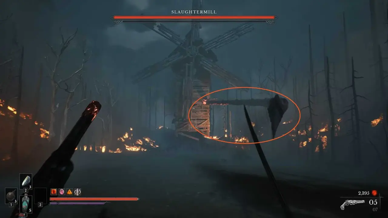 Slaughtermill's windmill structure across the opening fire-filled arena