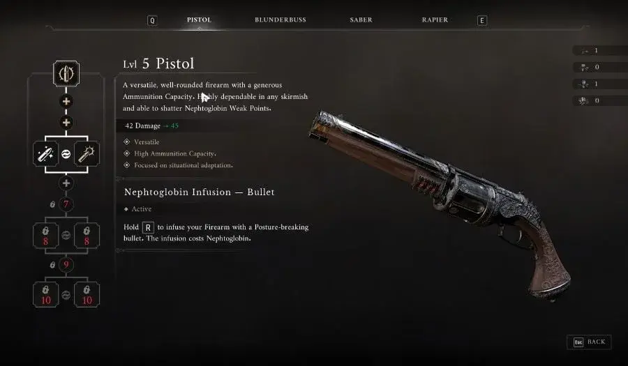 Valor Mortis early-game weapon screen with Pistol, Blunderbuss, Saber, and Rapier tabs